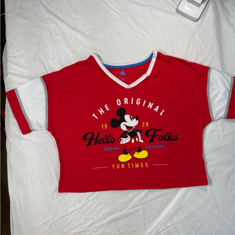 Red Mickey Mouse Graphic Crop T-Shirt Hello Folks‎ Womens LG